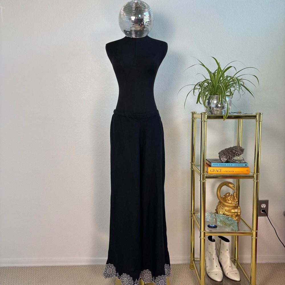 Midnight Sky Black Linen Blend Wide Leg Crop Pants White Lace Hem, Large Lagen - Picture 14 of 16